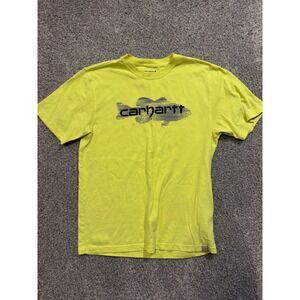 Carhartt T Shirt Mens Medium Yellow Loose Fit Graphic Fish Logo Outdoors *